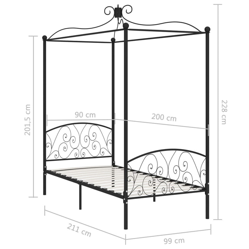 284474  Canopy Bed Frame without Mattress Black Metal 90x200 cm