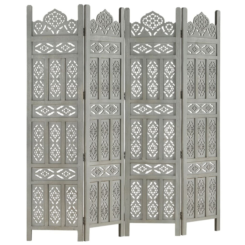 Hand carved 4-Panel Room Divider Grey 160x165 cm Solid Mango Wood