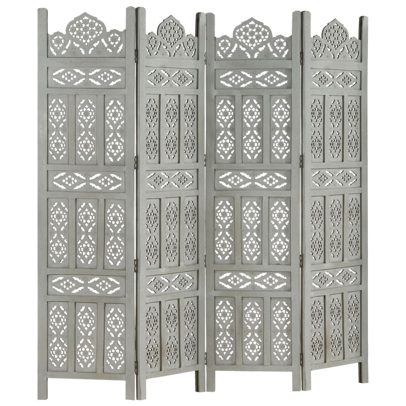 Hand carved 4-Panel Room Divider Grey 160x165 cm Solid Mango Wood