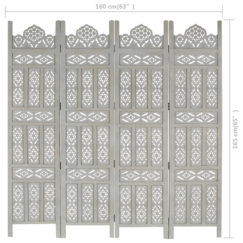 Hand carved 4-Panel Room Divider Grey 160x165 cm Solid Mango Wood