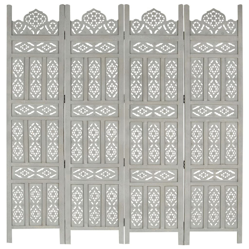 Hand carved 4-Panel Room Divider Grey 160x165 cm Solid Mango Wood