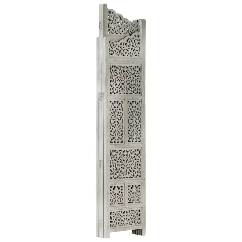 Hand carved 4-Panel Room Divider Grey 160x165 cm Solid Mango Wood