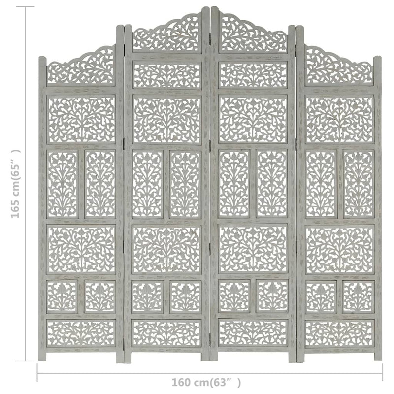 Hand carved 4-Panel Room Divider Grey 160x165 cm Solid Mango Wood