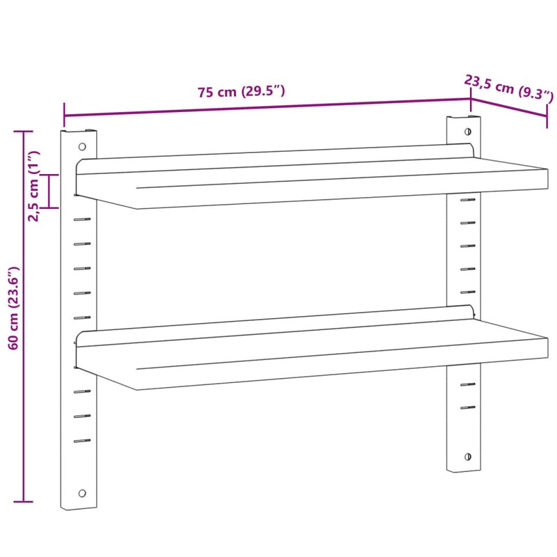 2-Tier Wall Shelf 75x23.5x60 cm Silver Stainless Steel