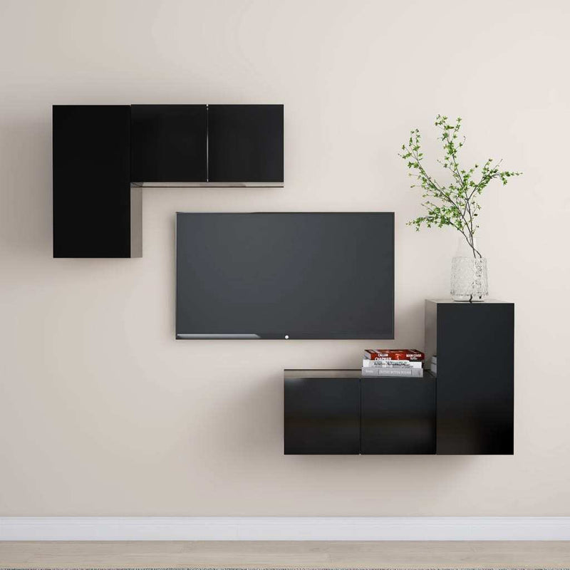 4 Piece TV Cabinet Set Black Engineered Wood