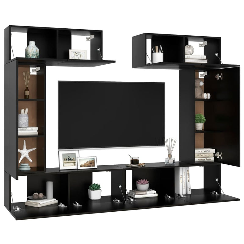 6 Piece TV Cabinet Set Black Engineered Wood