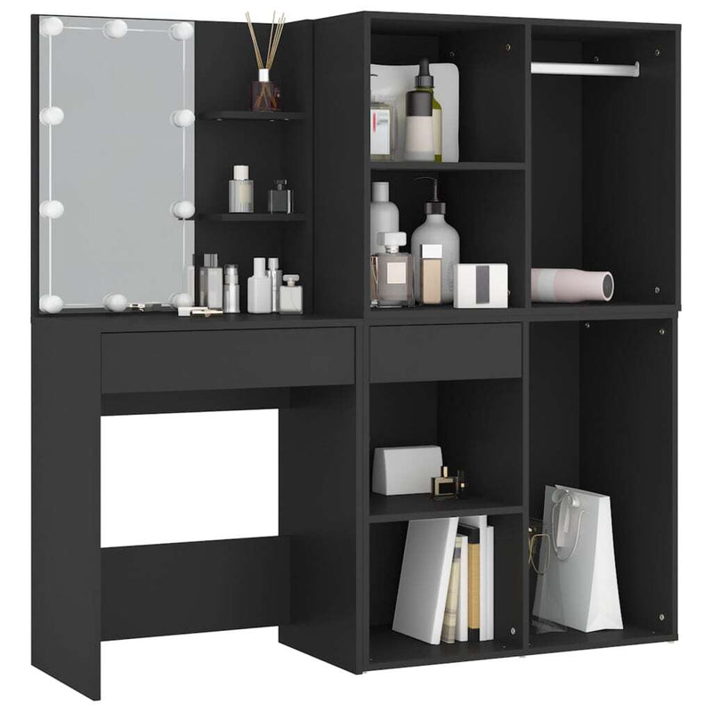 LED Dressing Table with Cabinets Black Engineered Wood