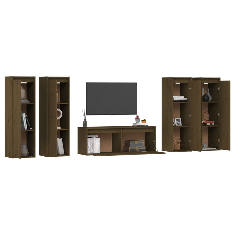 TV Cabinets 5 pcs Honey Brown Solid Wood Pine