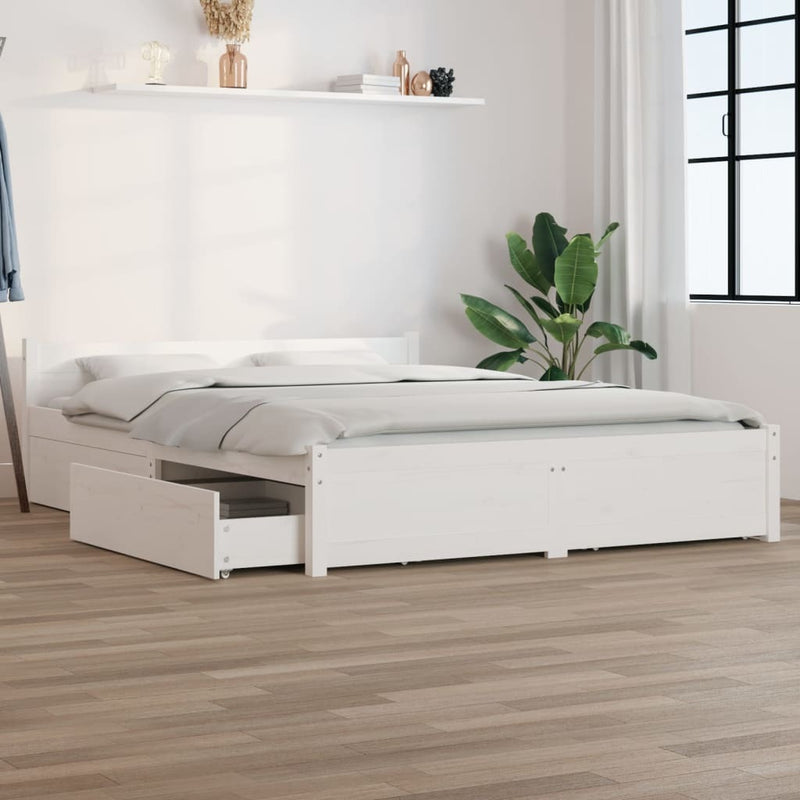 Bed Frame without Mattress with Drawers White King Size