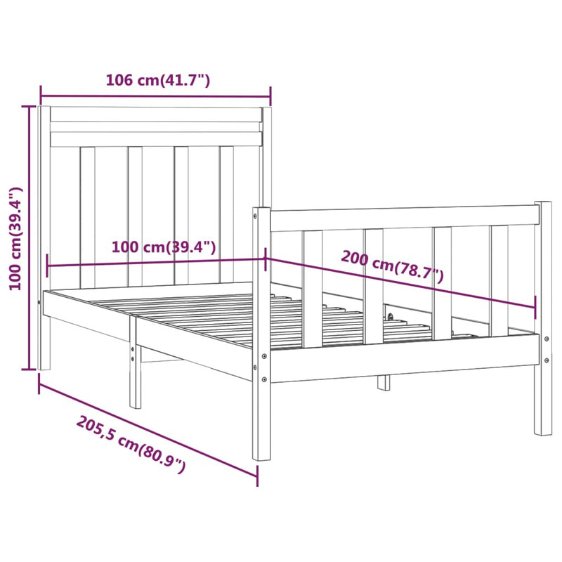 Bed Frame without Mattress Black Solid Wood Pine 100x200 cm