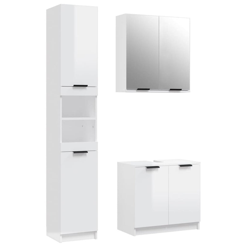 3 Piece Bathroom Cabinet Set High Gloss White Engineered Wood