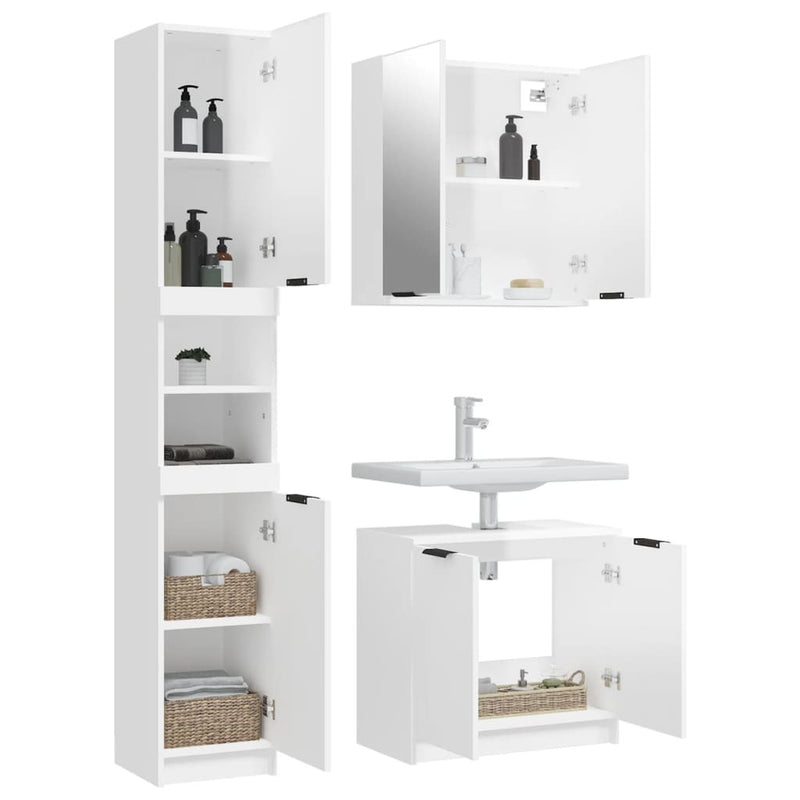 3 Piece Bathroom Cabinet Set High Gloss White Engineered Wood