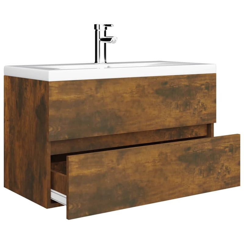 Sink Cabinet with Built-in Basin Smoked Oak Engineered Wood