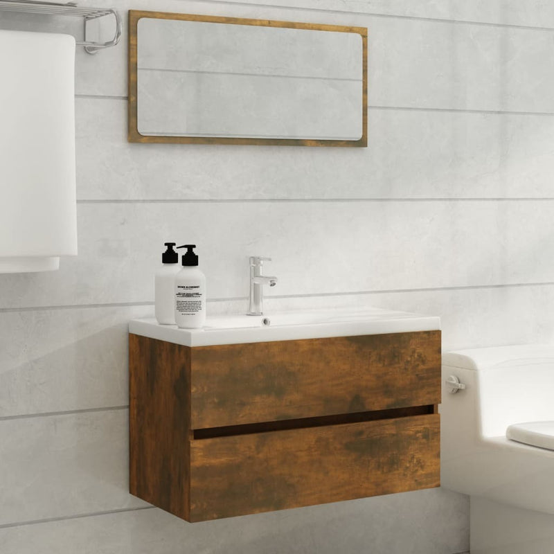 Sink Cabinet with Built-in Basin Smoked Oak Engineered Wood