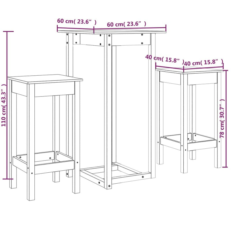 3 Piece Bar Set Black Solid Wood Pine