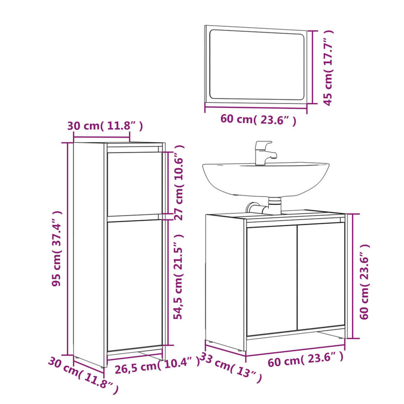 3 Piece Bathroom Furniture Set Smoked Oak Engineered Wood