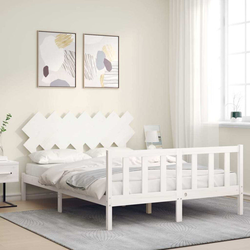 Bed Frame without Mattress White King Size Solid Wood Pine