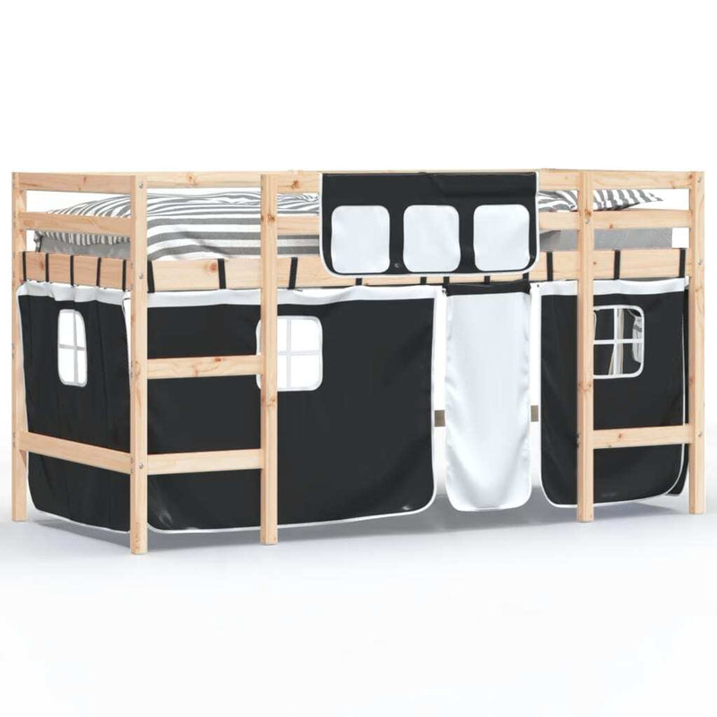 Kids' Loft Bed with Curtains without Mattress White&Black 90x190cm