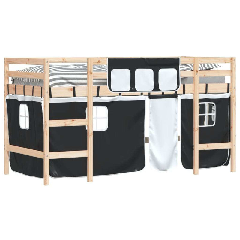 Kids' Loft Bed with Curtains without Mattress White&Black 90x190cm