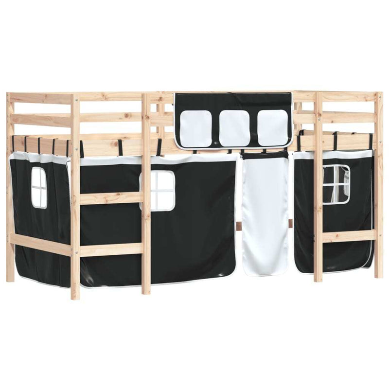 Kids' Loft Bed with Curtains without Mattress White&Black 90x190cm