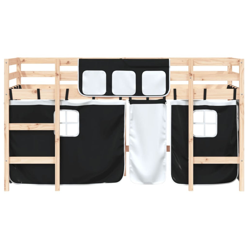 Kids' Loft Bed with Curtains without Mattress White&Black 90x190cm