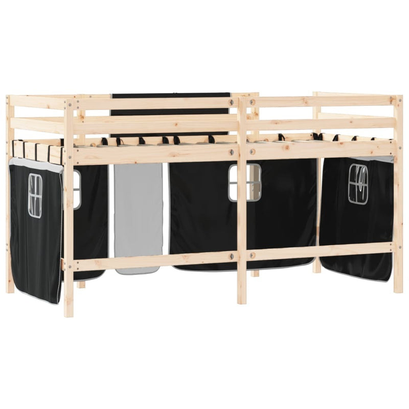 Kids' Loft Bed with Curtains without Mattress White&Black 90x190cm