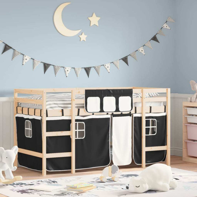 Kids' Loft Bed with Curtains without Mattress White&Black 90x190cm