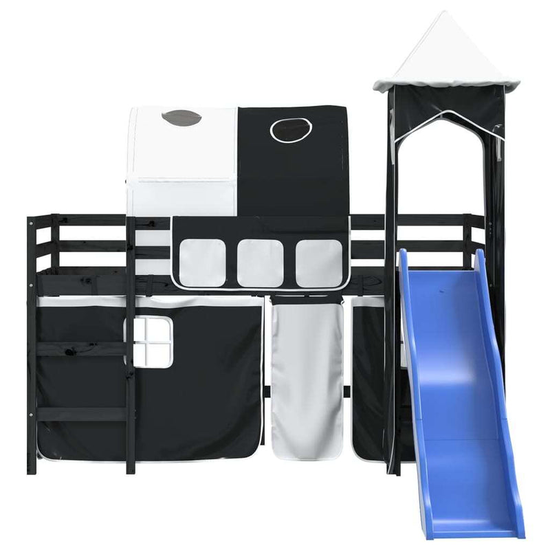 Kids' Loft Bed with Tower without Mattress White&Black 90x190cm