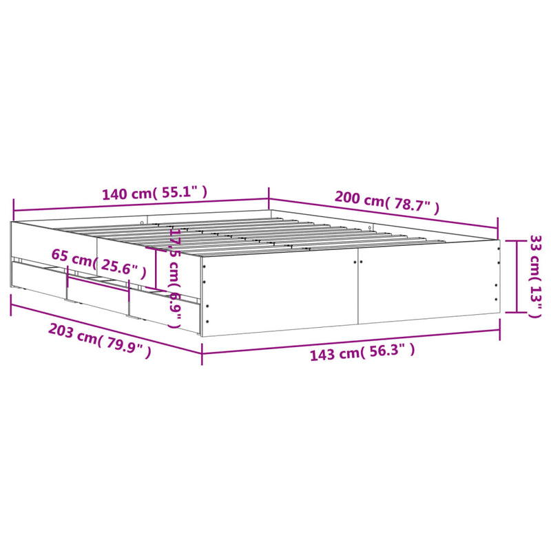 Bed Frame with Drawers without Mattress Black 140x200 cm