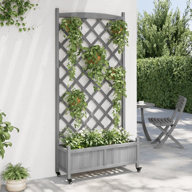 Planter with Trellis and Wheels Grey Solid Wood Fir