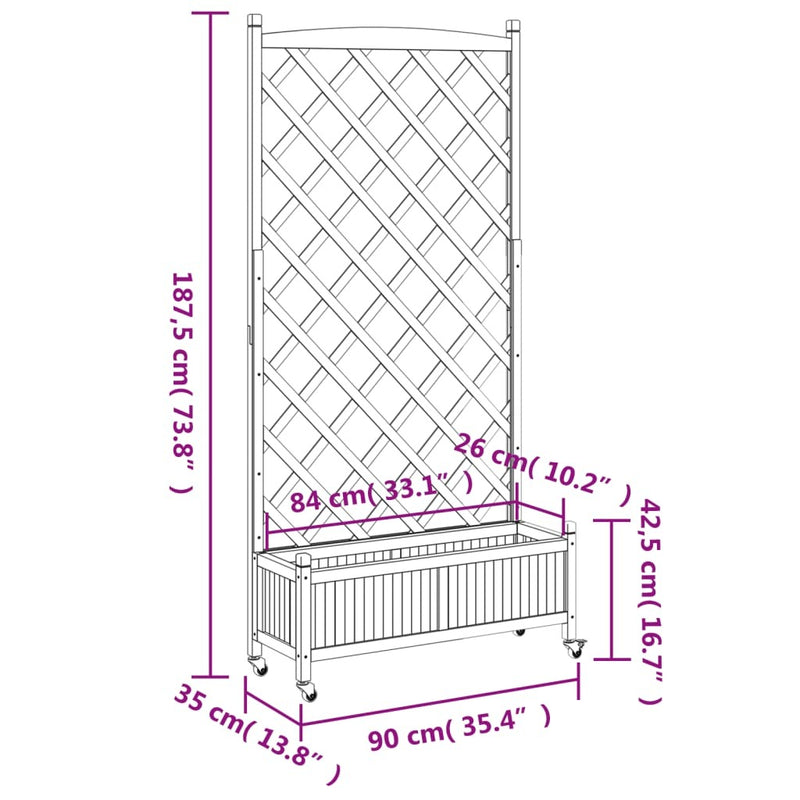 Planter with Trellis and Wheels Grey Solid Wood Fir