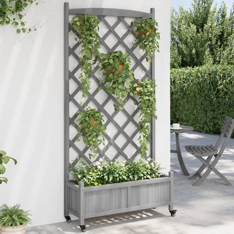 Planter with Trellis and Wheels Grey Solid Wood Fir