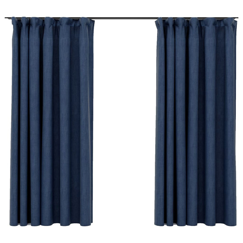 Linen-Look Blackout Curtains with Hooks 2 pcs Blue 140x175 cm