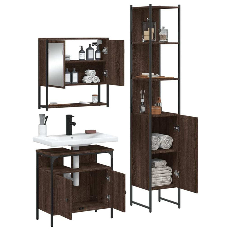 3 Piece Bathroom Furniture Set Brown Oak Engineered Wood