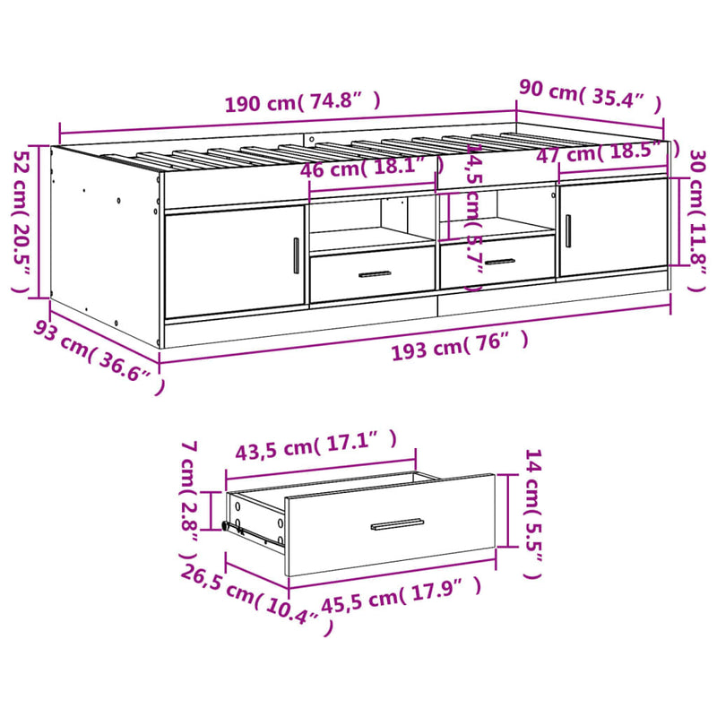 Daybed with Drawers without Mattress Sonoma Oak 90x190 cm Single