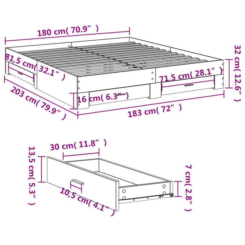 Bed Frame with Drawers without Mattress Black 180x200 cm Super King