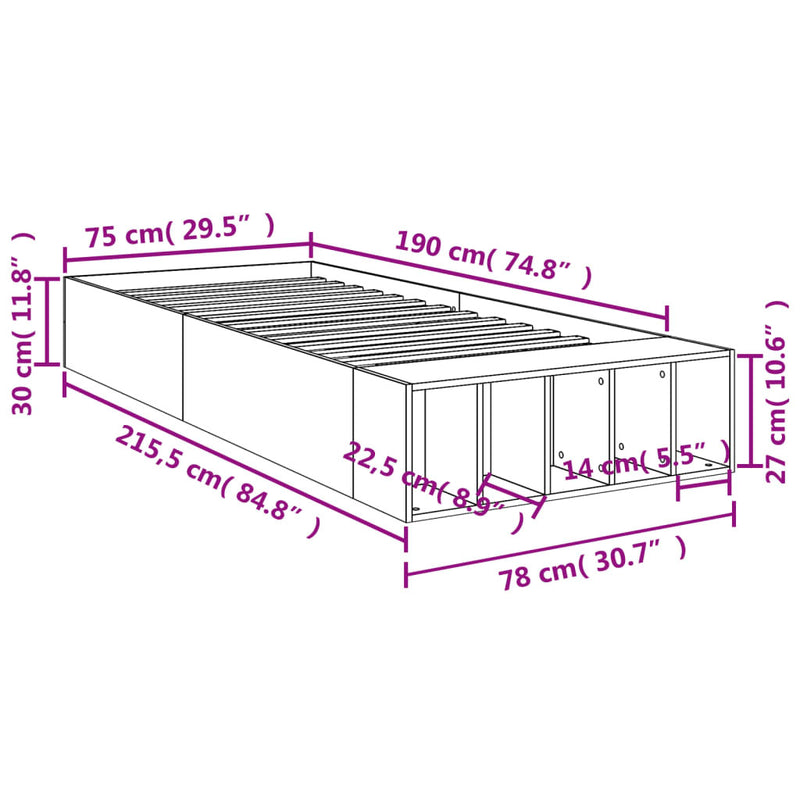 Bed Frame without Mattress Grey Sonoma 75x190 cm Small Single