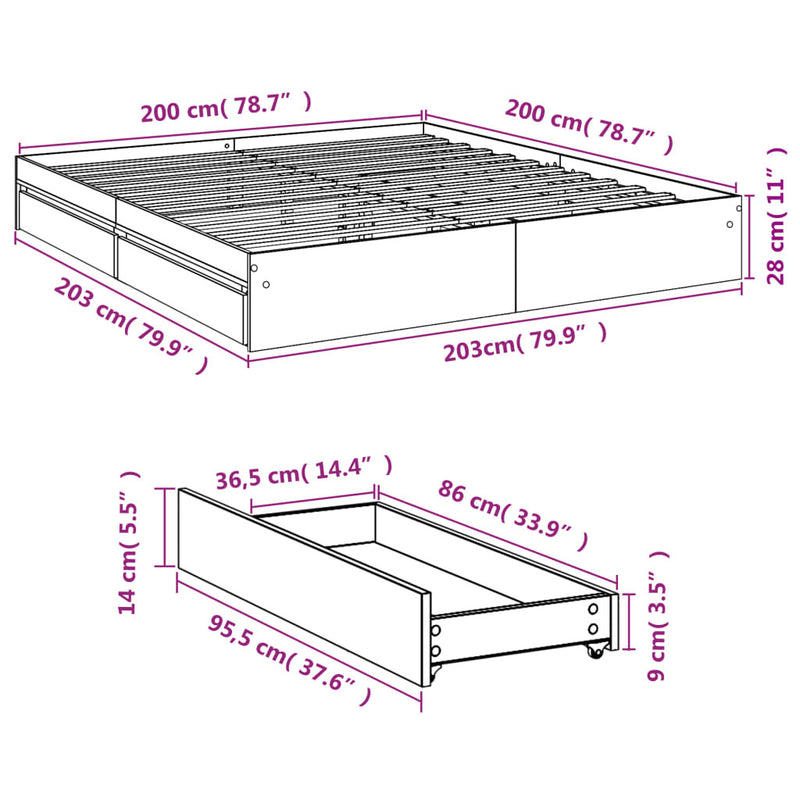 Bed Frame with Drawers without Mattress Grey Sonoma 200x200 cm