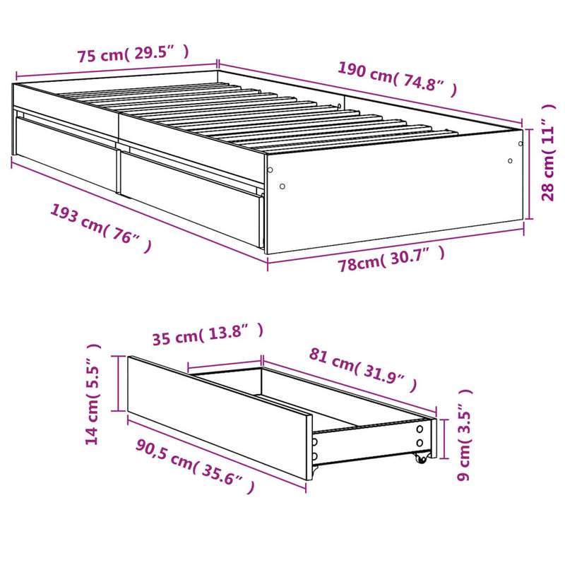 Bed Frame with Drawers without Mattress Concrete Grey 75x190 cm Small Single