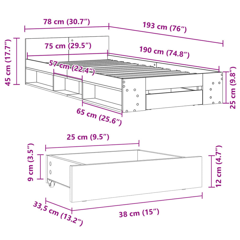 Bed Frame with Drawer without Mattress Black 75x190 cm Small Single