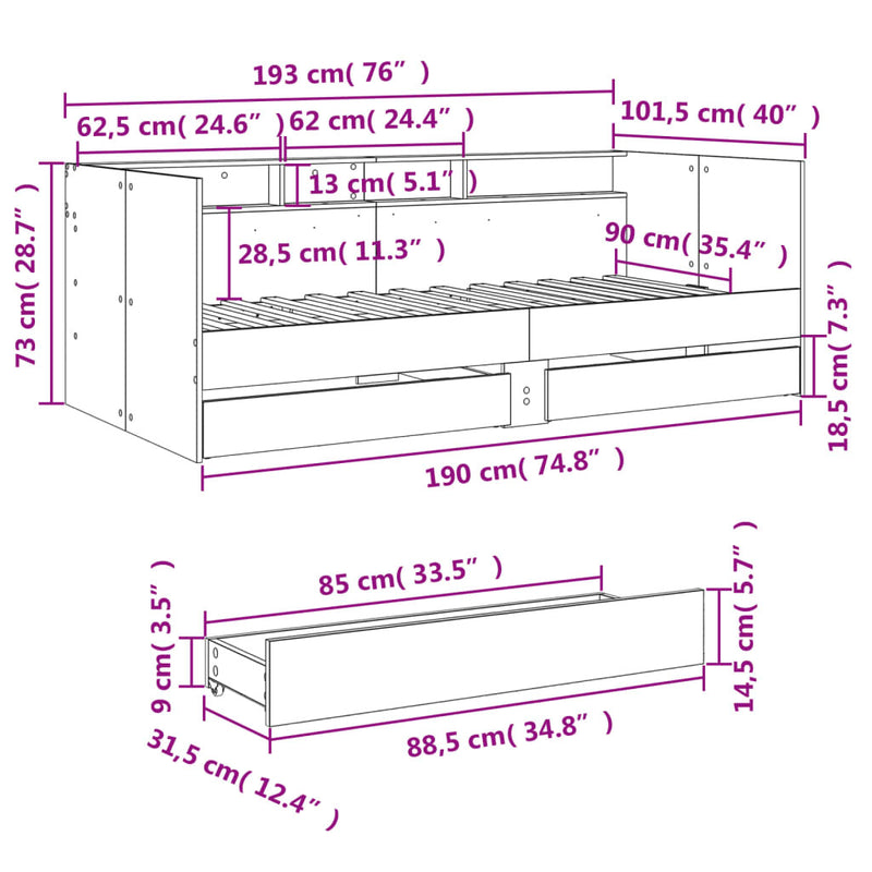 Daybed with Drawers without Mattress White 90x190 cm Single