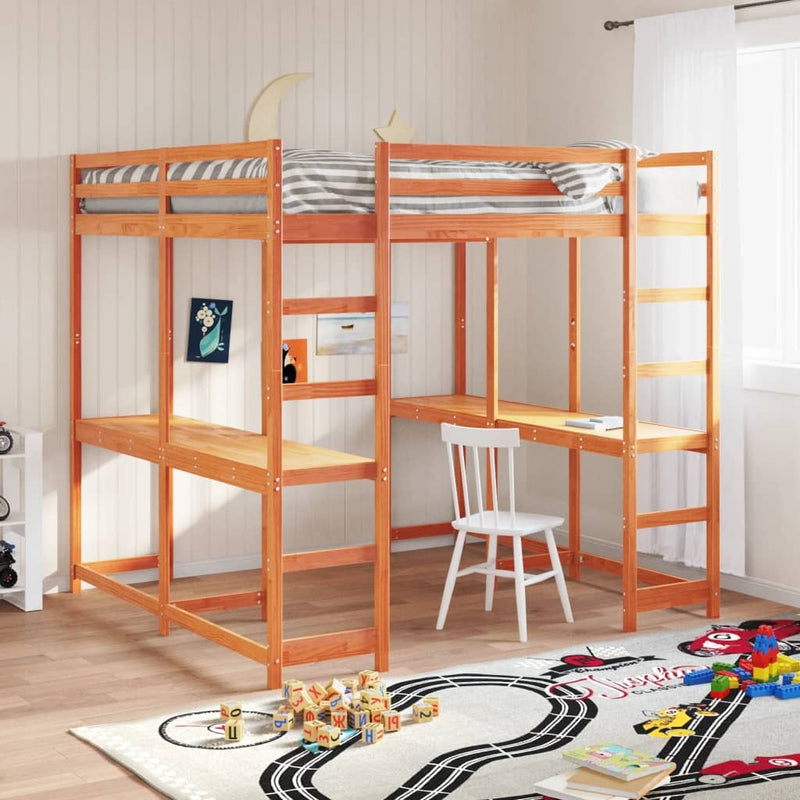 Loft Bed with Desk and Ladder Wax Brown 180x200 cm Super King Solid Wood Pine