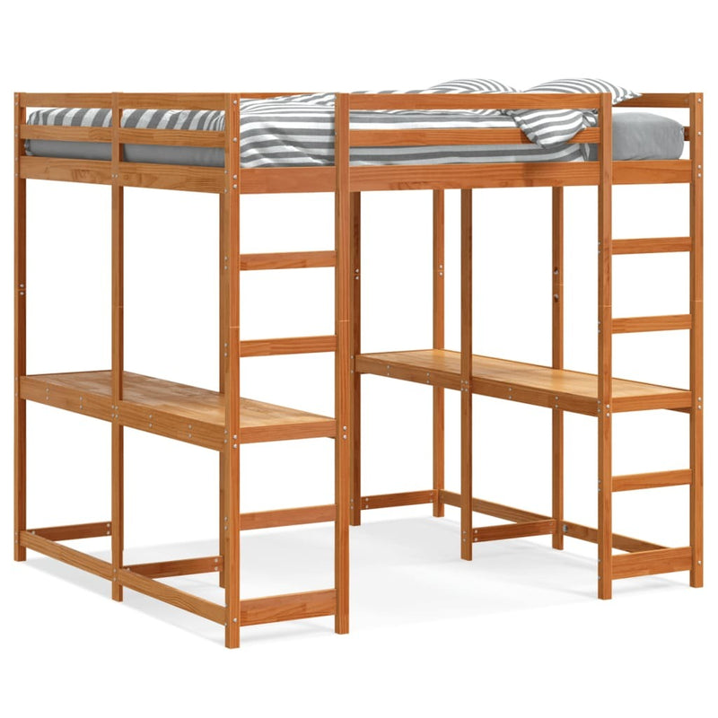 Loft Bed with Desk and Ladder Wax Brown 180x200 cm Super King Solid Wood Pine