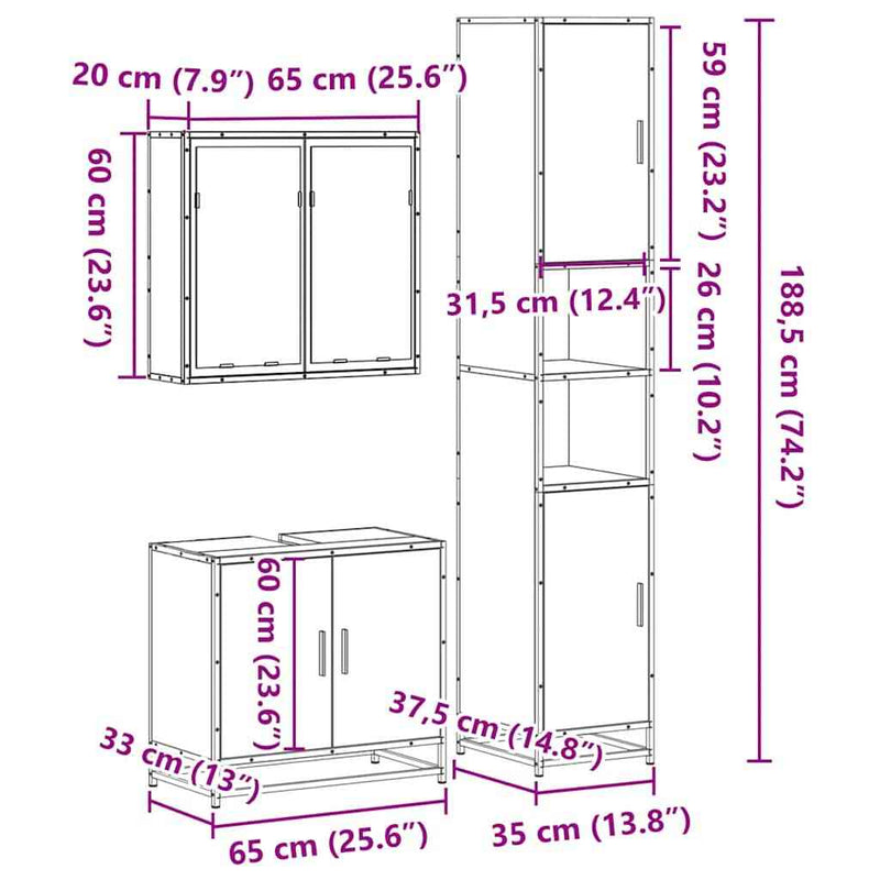 3 Piece Bathroom Furniture Set Sonoma Oak Engineered Wood