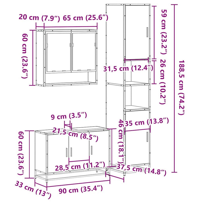 3 Piece Bathroom Furniture Set Grey Sonoma Engineered Wood