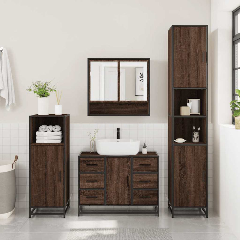 4?Piece Bathroom Furniture Set?Brown Oak Engineered Wood