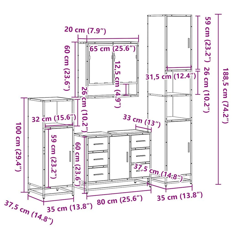 4?Piece Bathroom Furniture Set?Brown Oak Engineered Wood