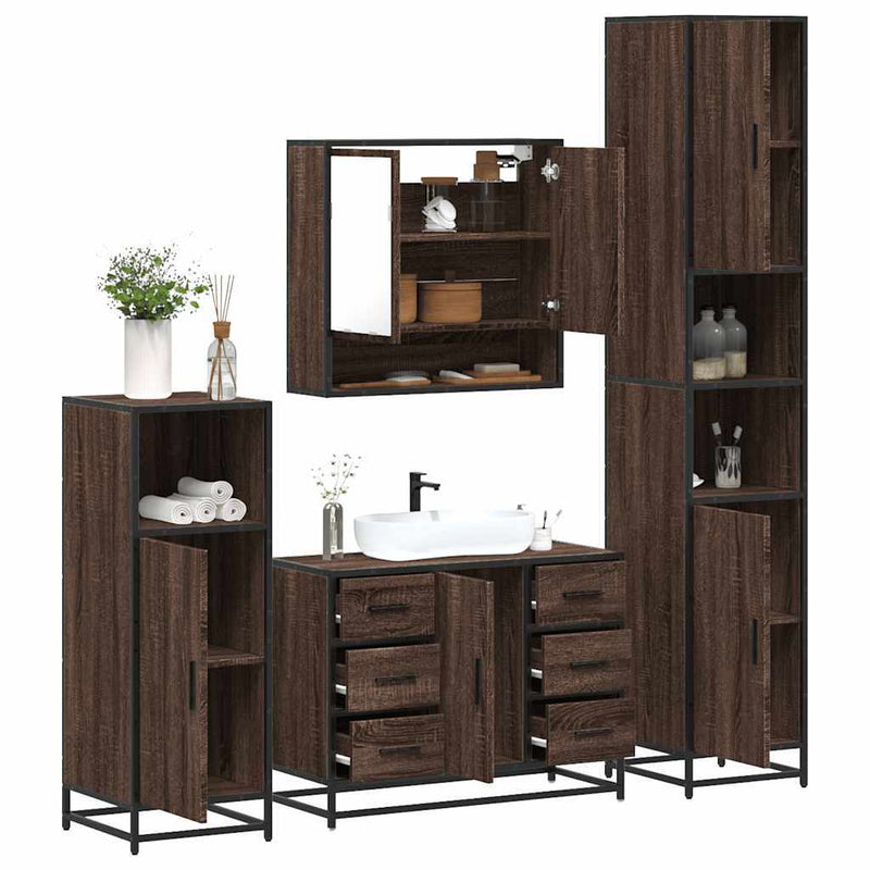 4?Piece Bathroom Furniture Set?Brown Oak Engineered Wood