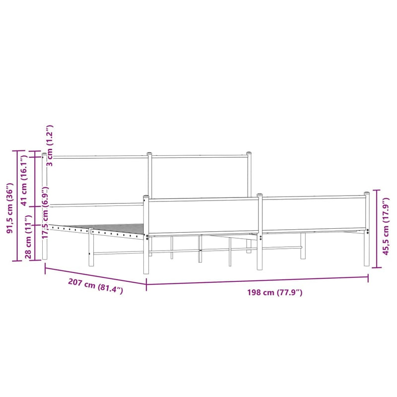 Metal Bed Frame without Mattress Smoked Oak 193x203 cm