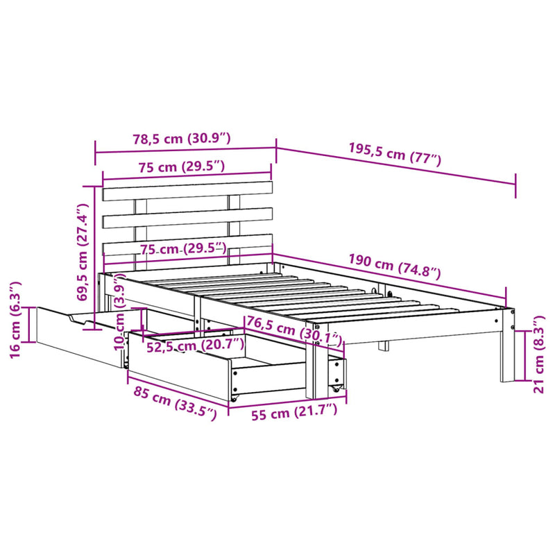 Bed Frame with Drawers without Mattress Wax Brown 75x190 cm Small Single